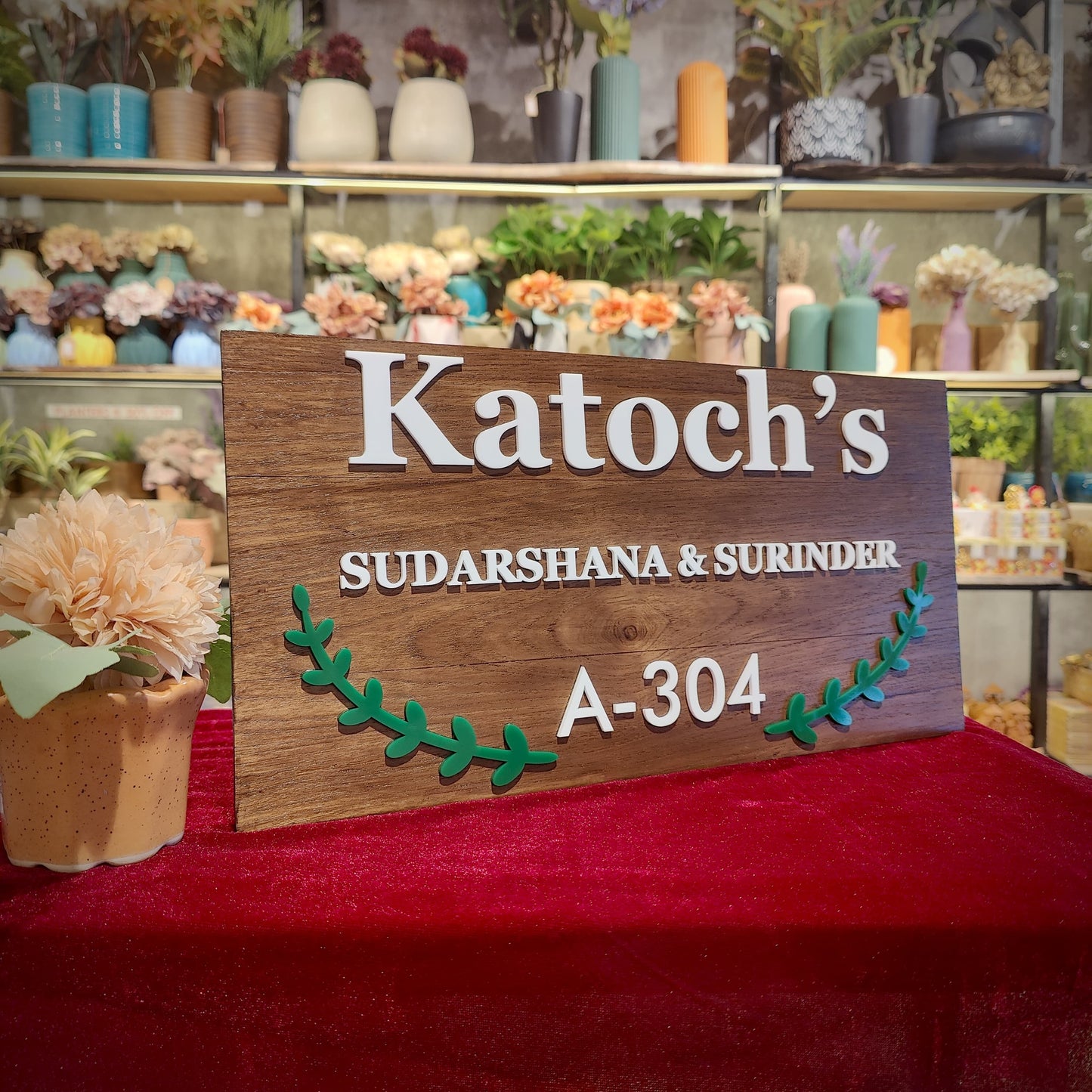 Leafy Rectangle Wooden Nameplate