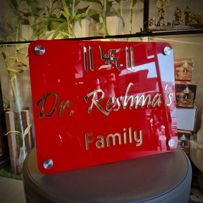Red Acrylic Swastik Nameplate