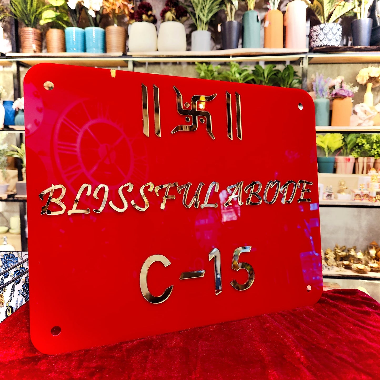 Red Acrylic Swastik Nameplate